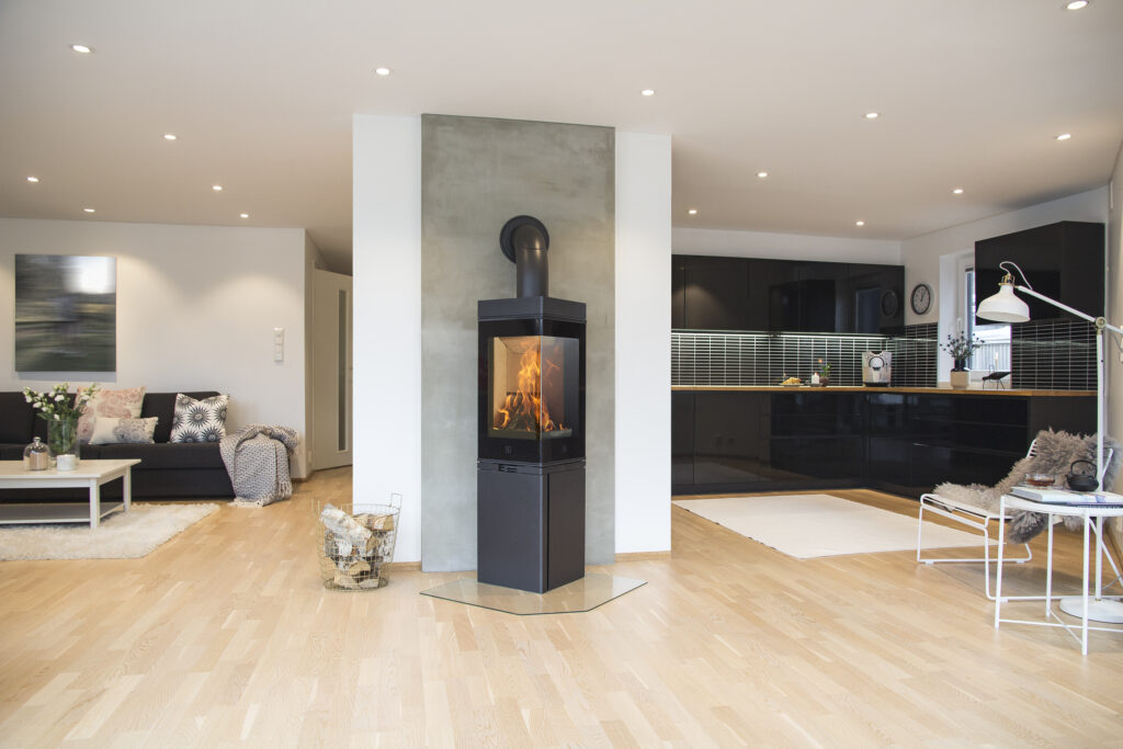 Modern Free standing wood burning stove in a Glasgow house