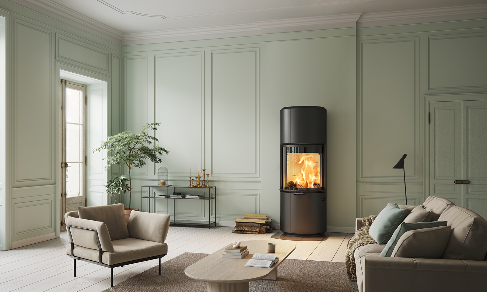 Scan 87 wood burning stove in a living room setting with the stove lit