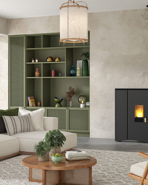 Jotul PF 711 Pellet Stove (black) in a living room setting, front view