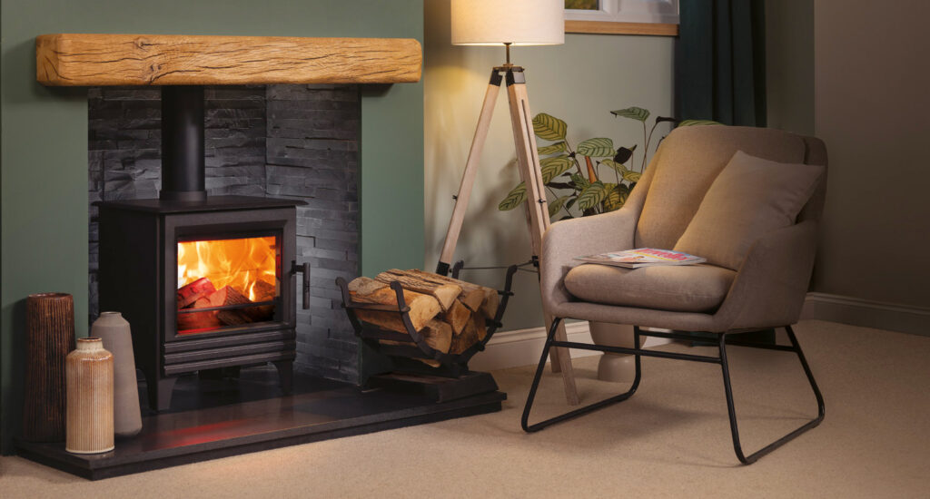 Wood burning stove in a chamber with oak header- in a living room