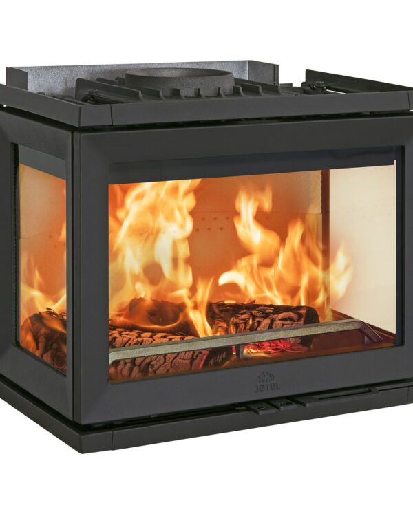 Jotul I 520 insert wood burning stove with front and dual side glass, product only, lit with flames