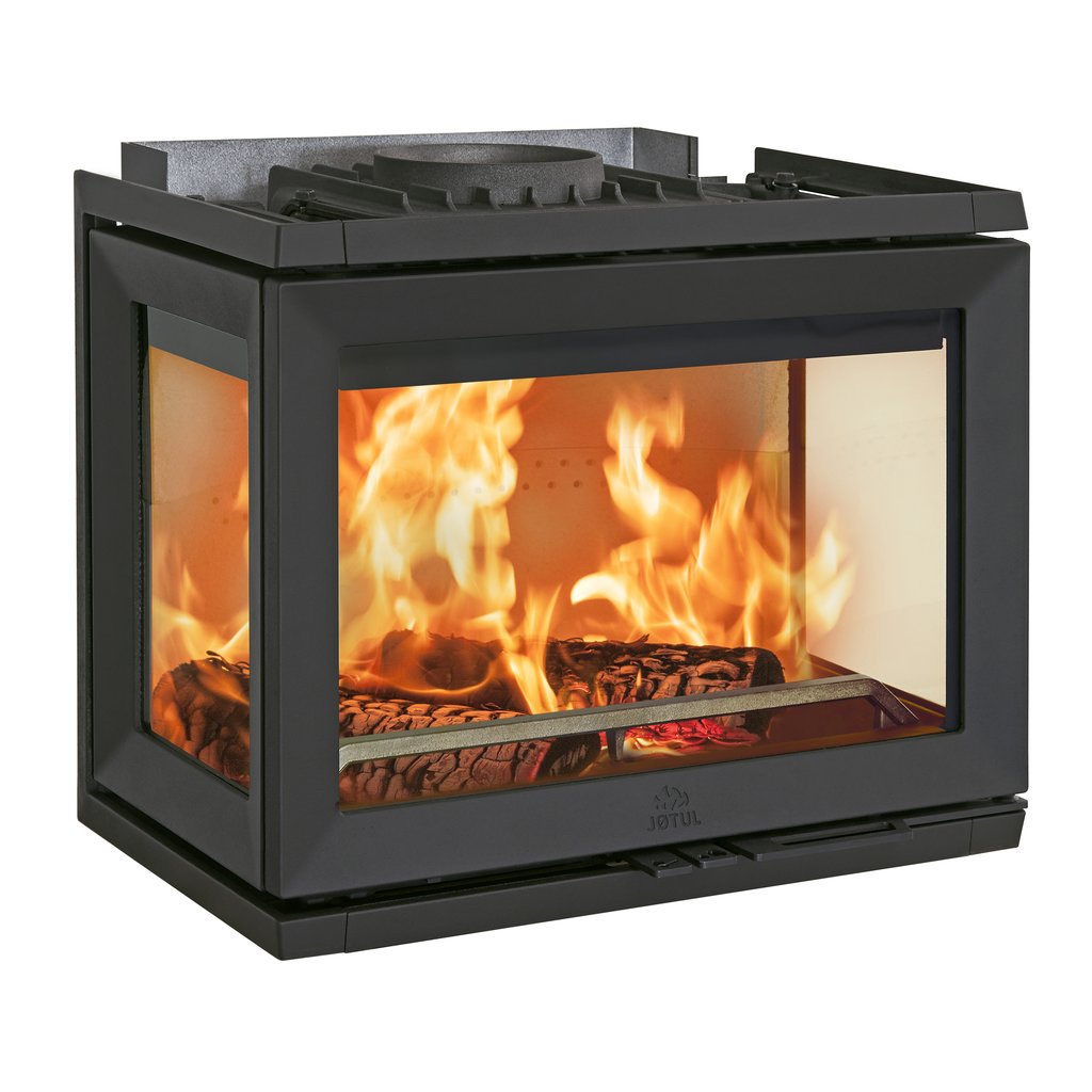 Jotul I 520 insert wood burning stove with front and dual side glass, product only, lit with flames