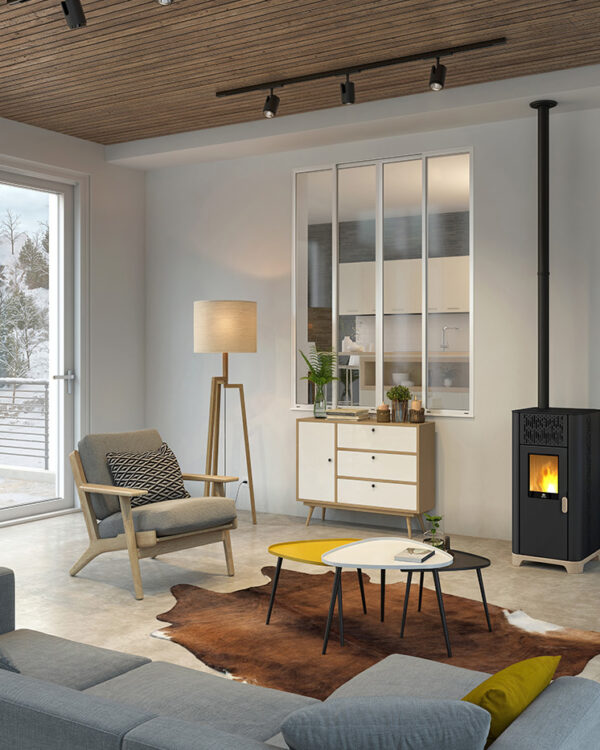 Jotul PF 734 Pellet Stove in black sat in a living room