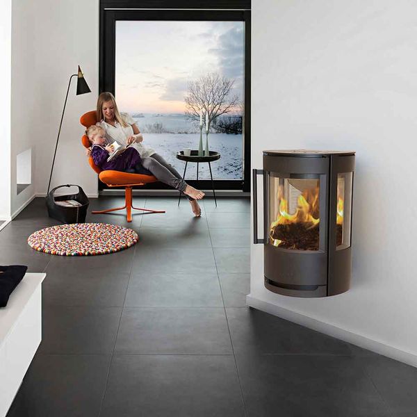 Wiking Luma 1 Wood Burning Stove Wall Mounted, living room setting