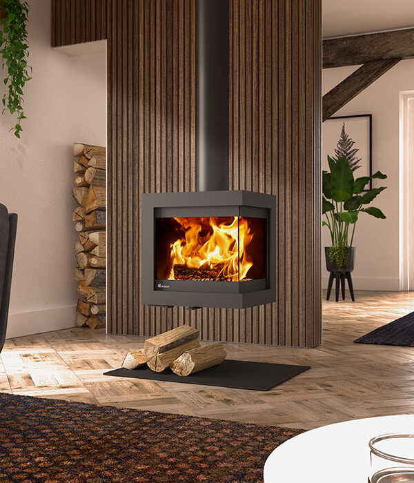 Dik Geurts Bora Corner Fixed Wood Burning Stove, living room setting