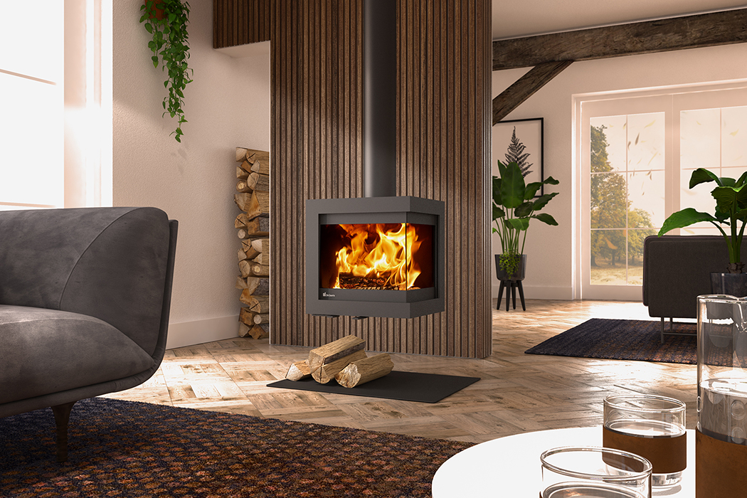 Dik Geurts Bora Corner Fixed Wood Burning Stove, living room setting