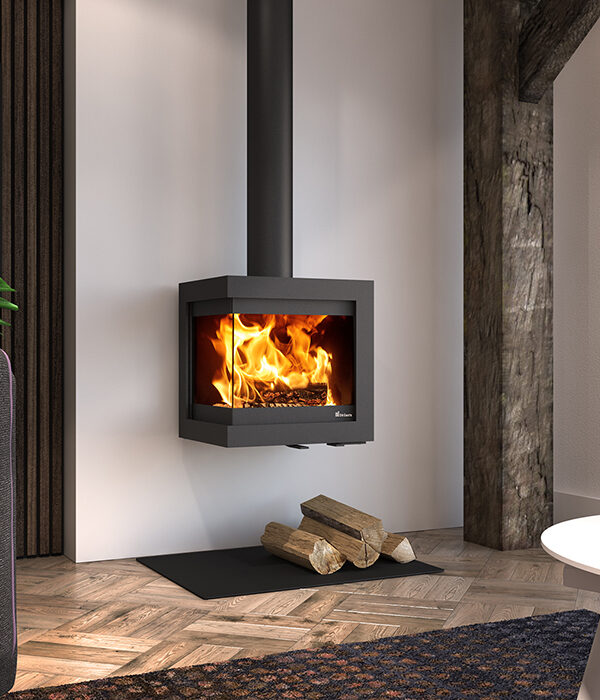 Dik Geurts Bora Corner Wall Wood Burning Stove, living room setting