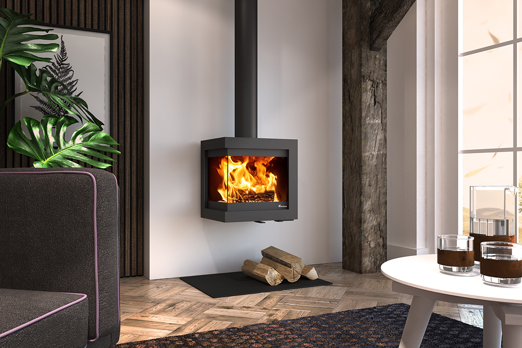 Dik Geurts Bora Corner Wall Wood Burning Stove, living room setting