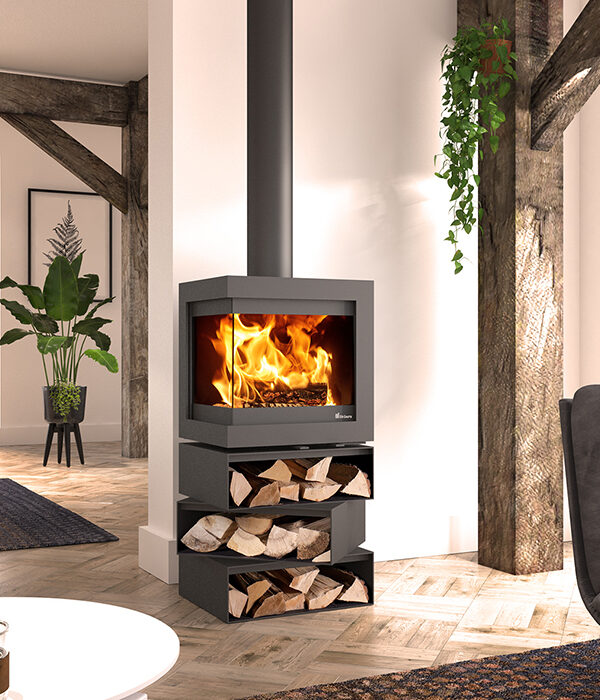Dik Geurts Bora Corner Cubes Wood Burning Stove, living room setting