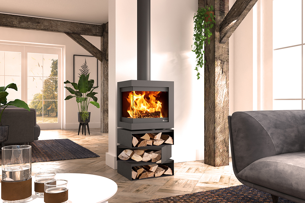 Dik Geurts Bora Corner Cubes Wood Burning Stove, living room setting