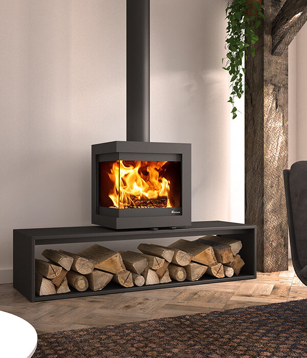 Dik Geurts Bora Corner Straight Plateau Wood Burning Stove, living room setting