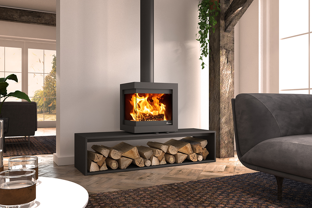 Dik Geurts Bora Corner Straight Plateau Wood Burning Stove, living room setting