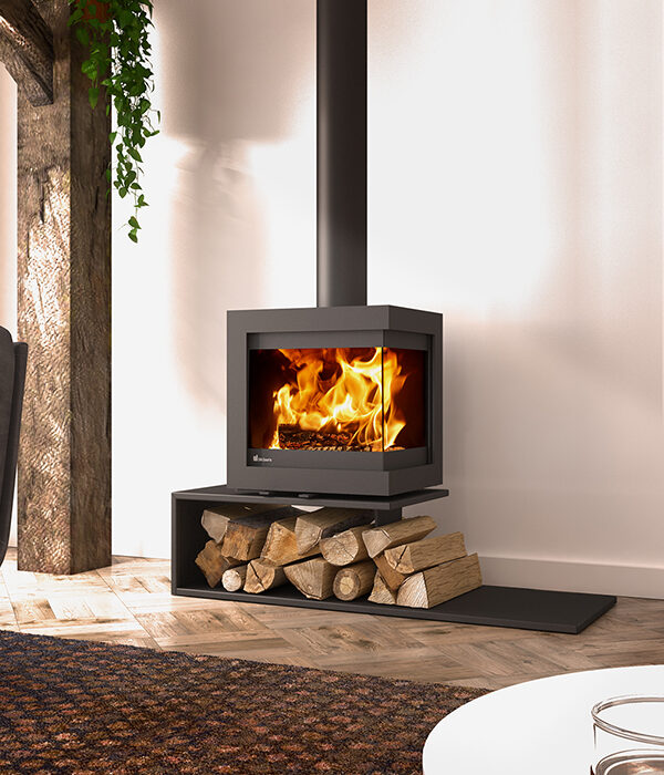 Dik Geurts Bora Corner Floating Plateau Wood Burning Stove, living room setting