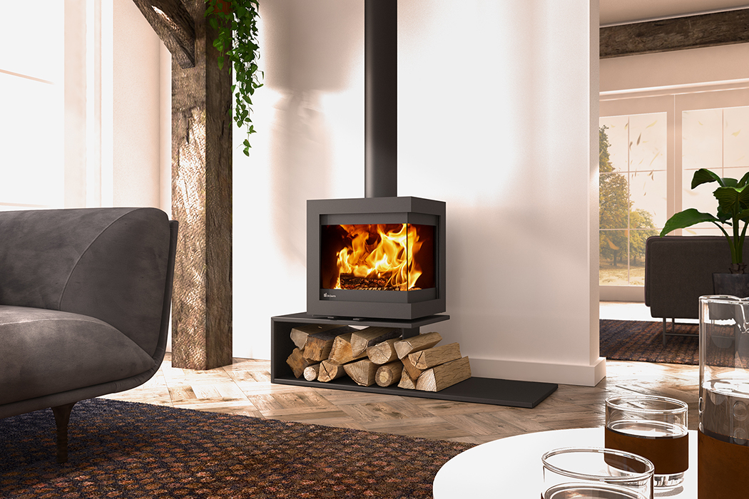Dik Geurts Bora Corner Floating Plateau Wood Burning Stove, living room setting
