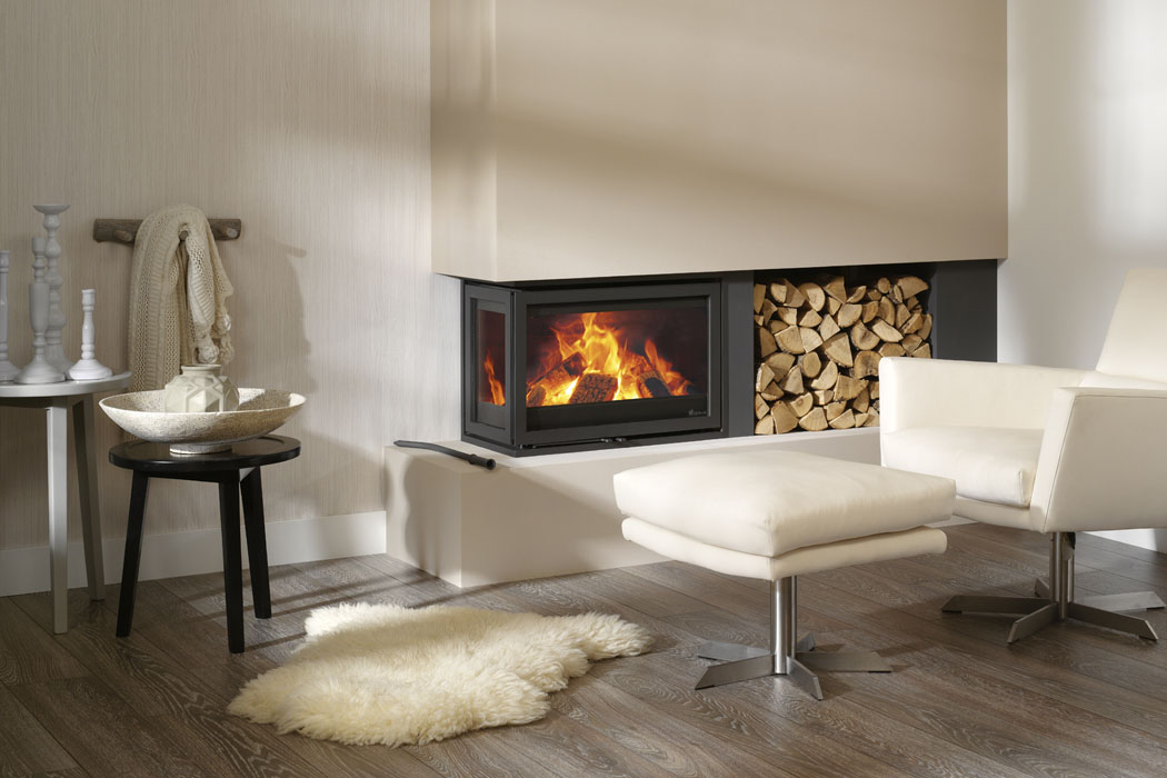 Dik Geurts Instyle Corner 660 Low Insert Wood Burning Stove, living room setting