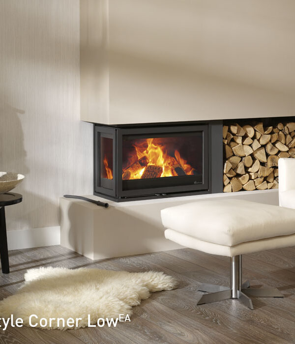 Dik Geurts Instyle Corner 660 High Insert Wood Burning Stove, living room setting