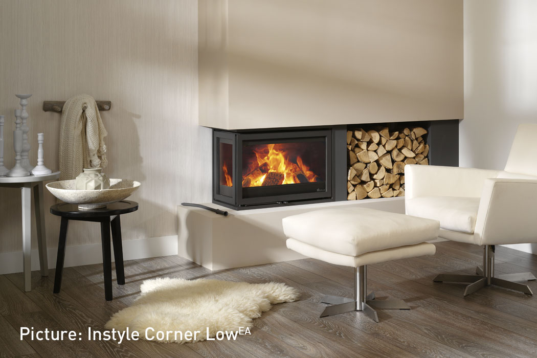 Dik Geurts Instyle Corner 660 High Insert Wood Burning Stove, living room setting