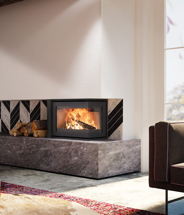 Dik Geurts Instyle Corner Slim 660/495 Insert /Built-in Wood Burning Stove, living room setting