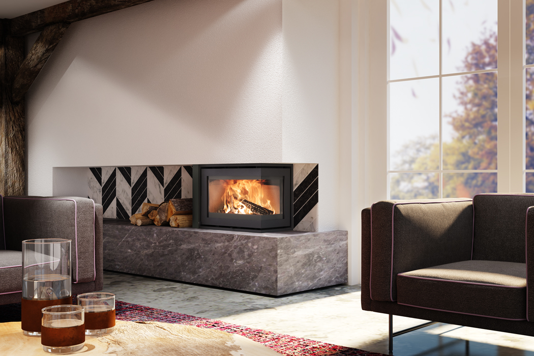 Dik Geurts Instyle Corner Slim 660/495 Insert /Built-in Wood Burning Stove, living room setting