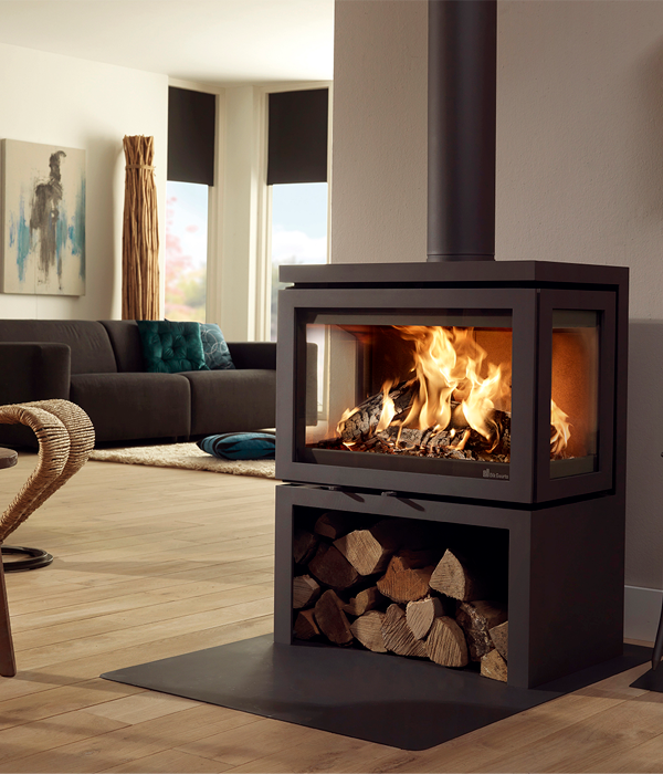 Dik Geurts Vidar Triple Medium Store Wood Burning Stove, living room setting