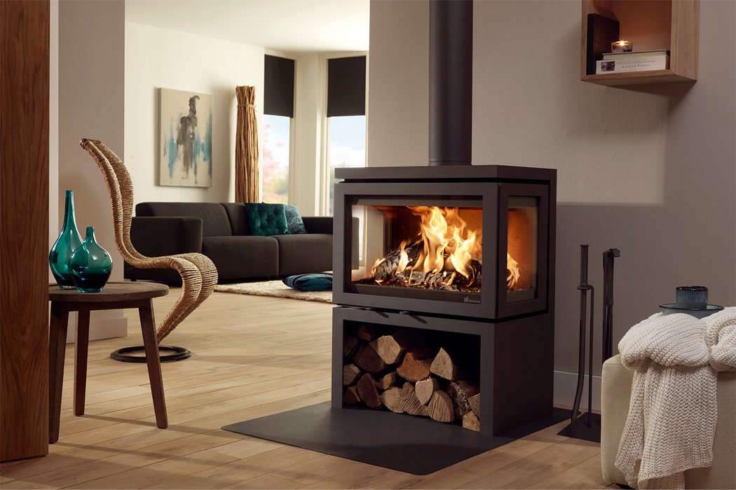 Dik Geurts Vidar Triple Medium Store Wood Burning Stove, living room setting