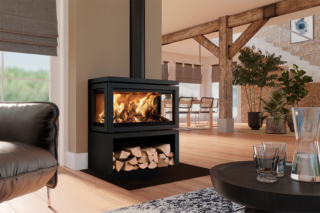 Dik Geurts Vidar Triple Large Store Wood Burning Stove, living room setting