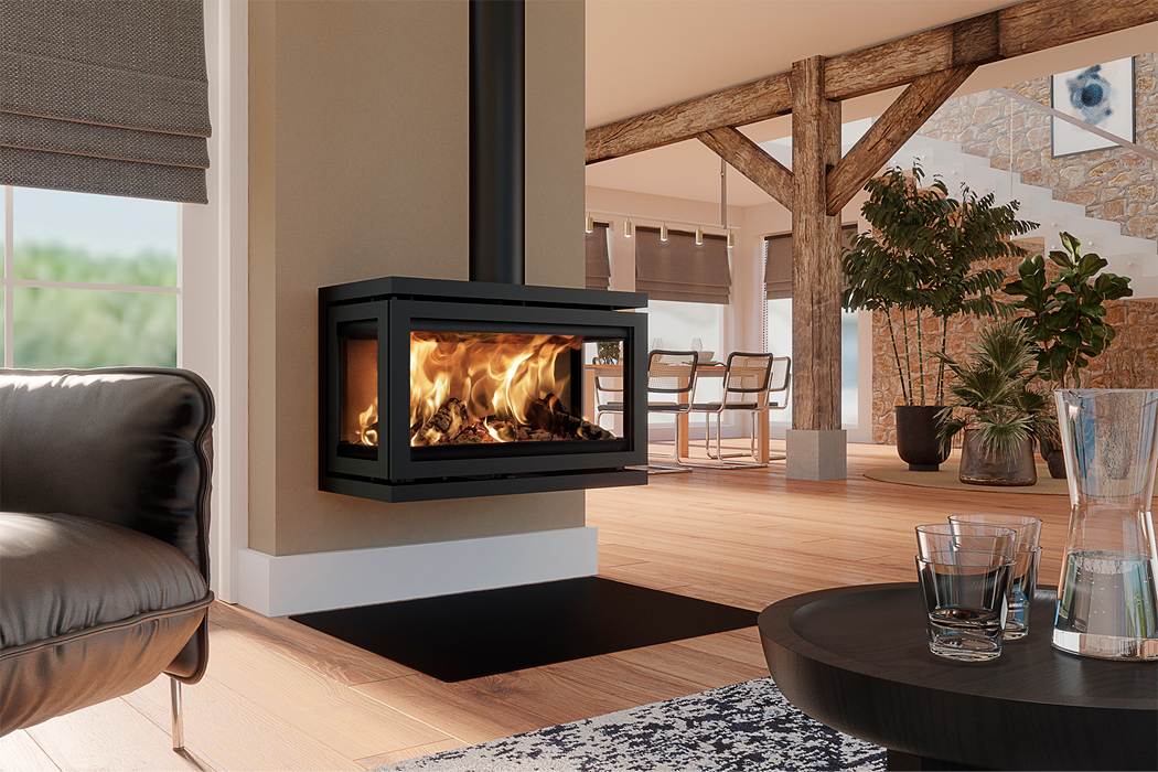 Dik Geurts Vidar Triple Large Wall Wood Burning Stove, living room setting