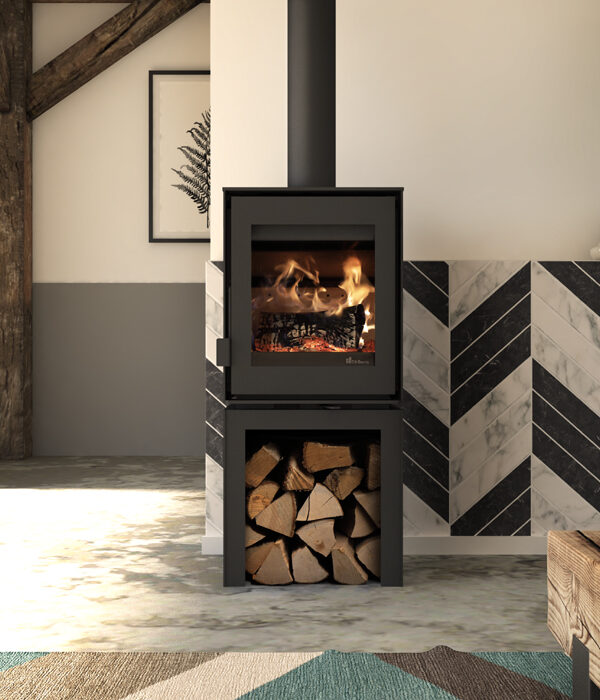Dik Geurts Modivar 5 Store Front Wood Burning Stove, living room setting