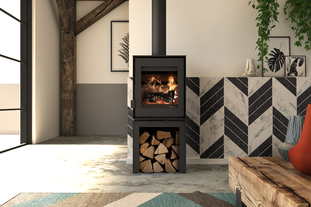 Dik Geurts Modivar 5 Store Front Wood Burning Stove, living room setting