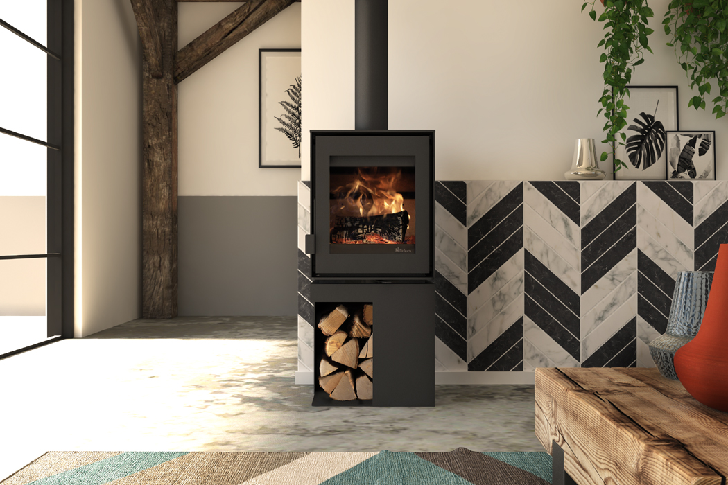 Dik Geurts Modivar 5 Store Corner Wood Burning Stove, living room setting