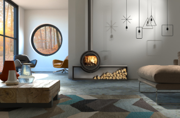 Dik Geurts Odin Front Plateau Wood Burning Stove, living room setting