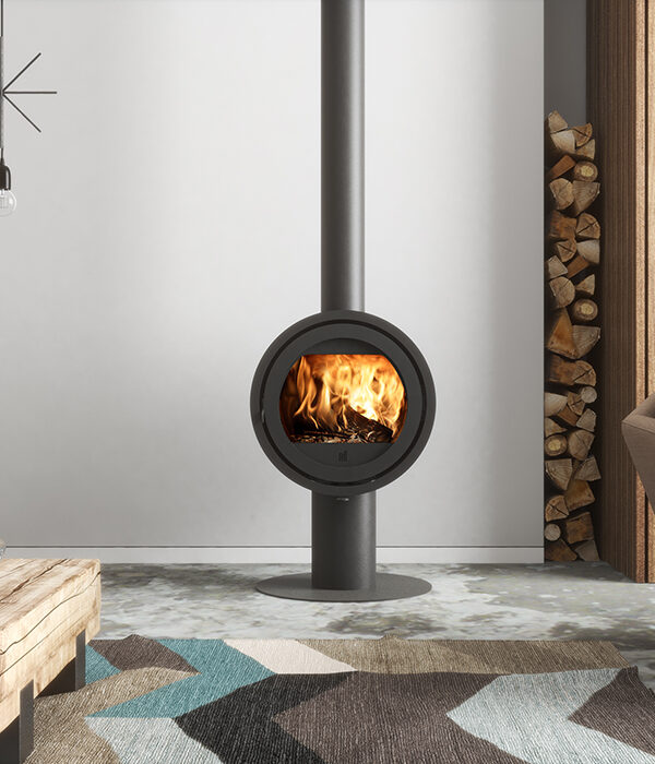 Dik Geurts Odin Tunnel Base Wood Burning Stove, living room setting