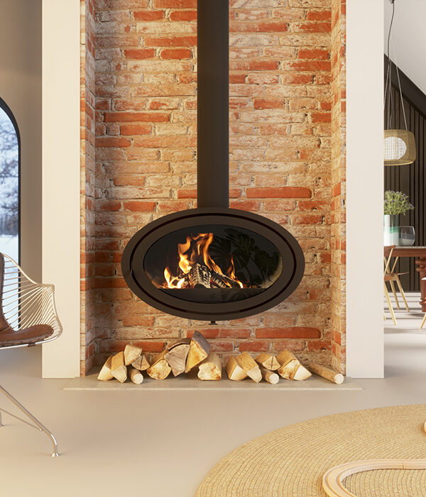 Dik Geurts Oval Front Fixed Wood Burning Stove, living room setting