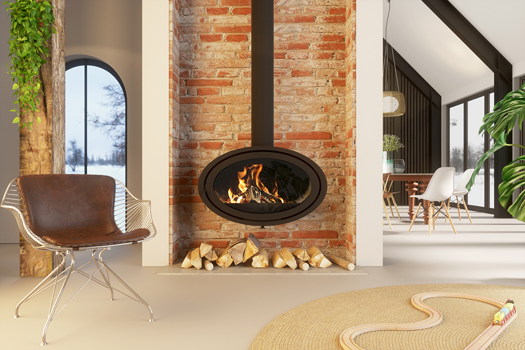 Dik Geurts Oval Front Fixed Wood Burning Stove, living room setting