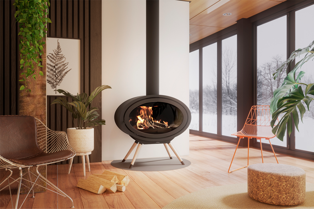 Dik Geurts Oval Front Legs Wood Burning Stove, living room setting
