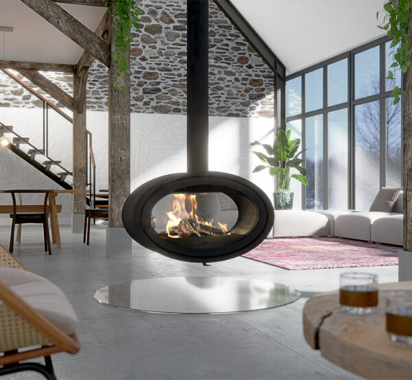 Dik Geurts Oval Tunnel Fixed Wood Burning Stove, living room setting