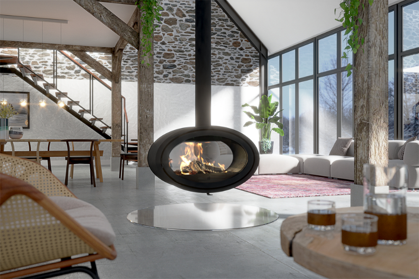 Dik Geurts Oval Tunnel Fixed Wood Burning Stove, living room setting