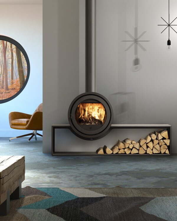 Dik Geurts Odin Front Plateau Wood Burning Stove, living room setting