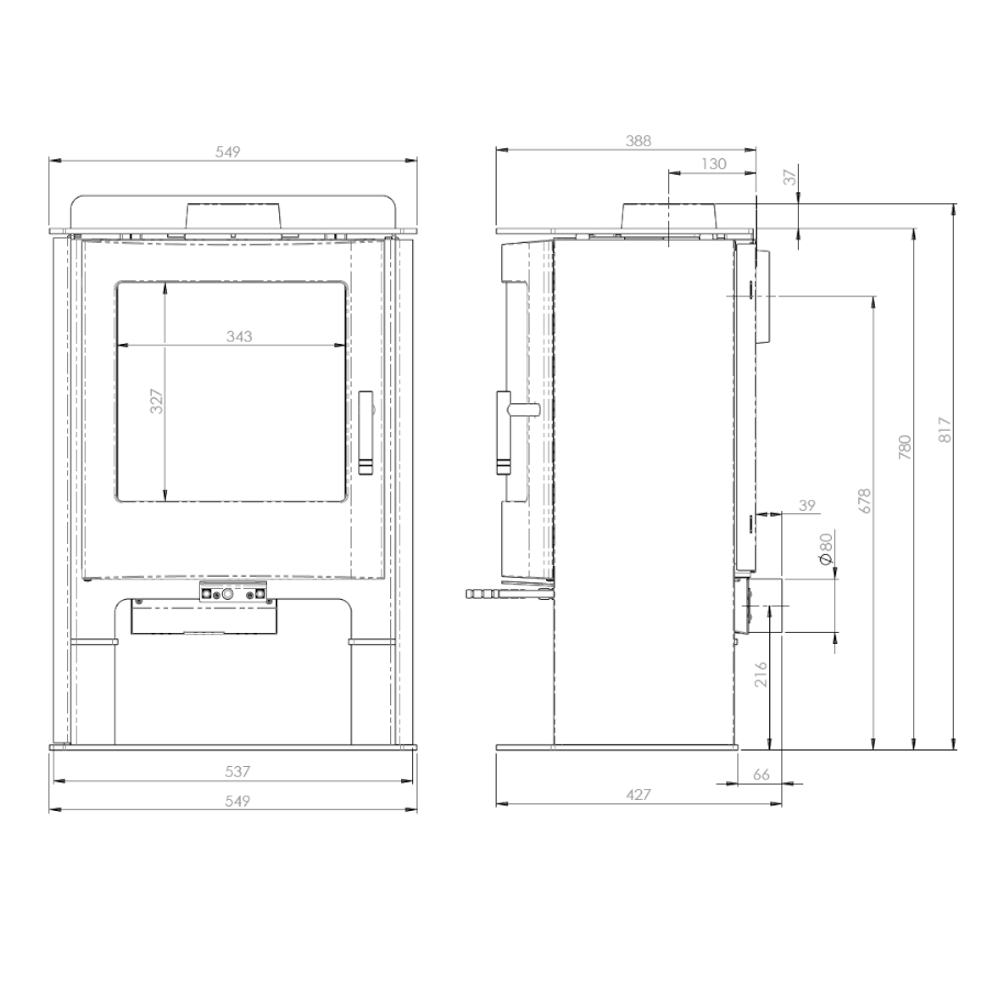 Mendip Churchill 5 Convection Logstore DC Multi Fuel Stove Dimensions