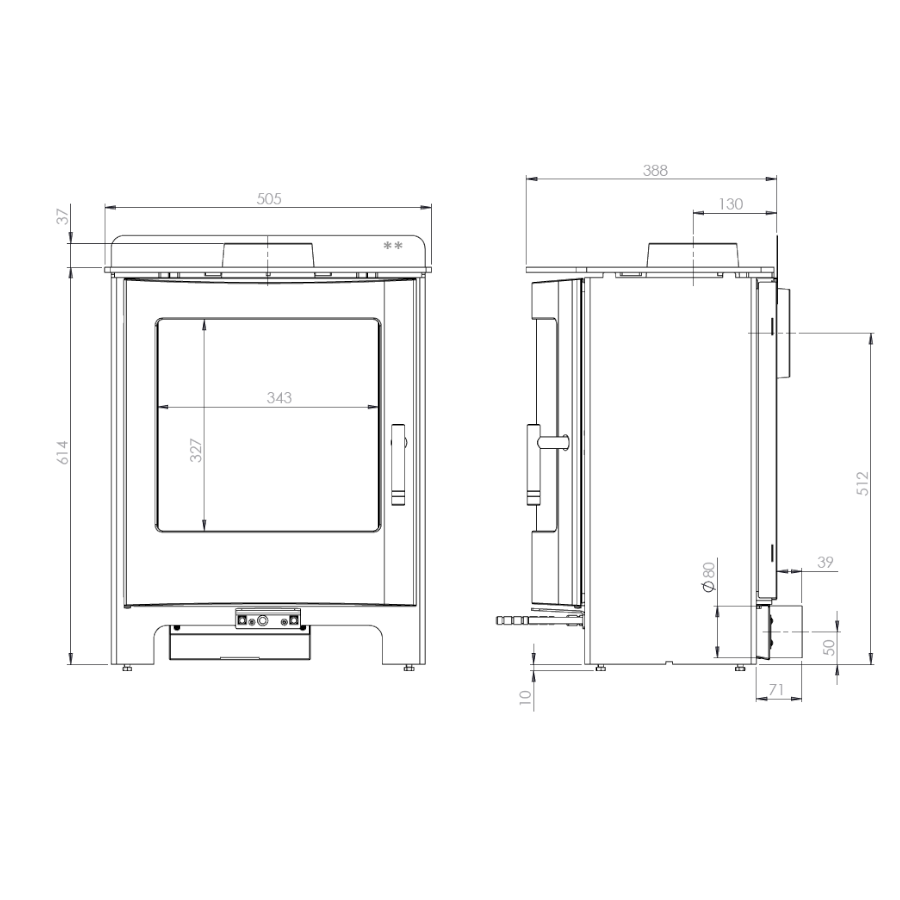 Mendip Churchill 5 DC Multi Fuel Stove Dimensions