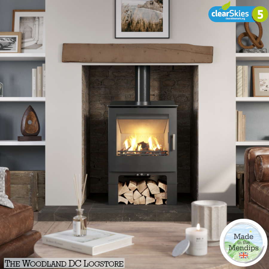 Mendip Woodland Logstore DC Multi Fuel Stove, living room setting