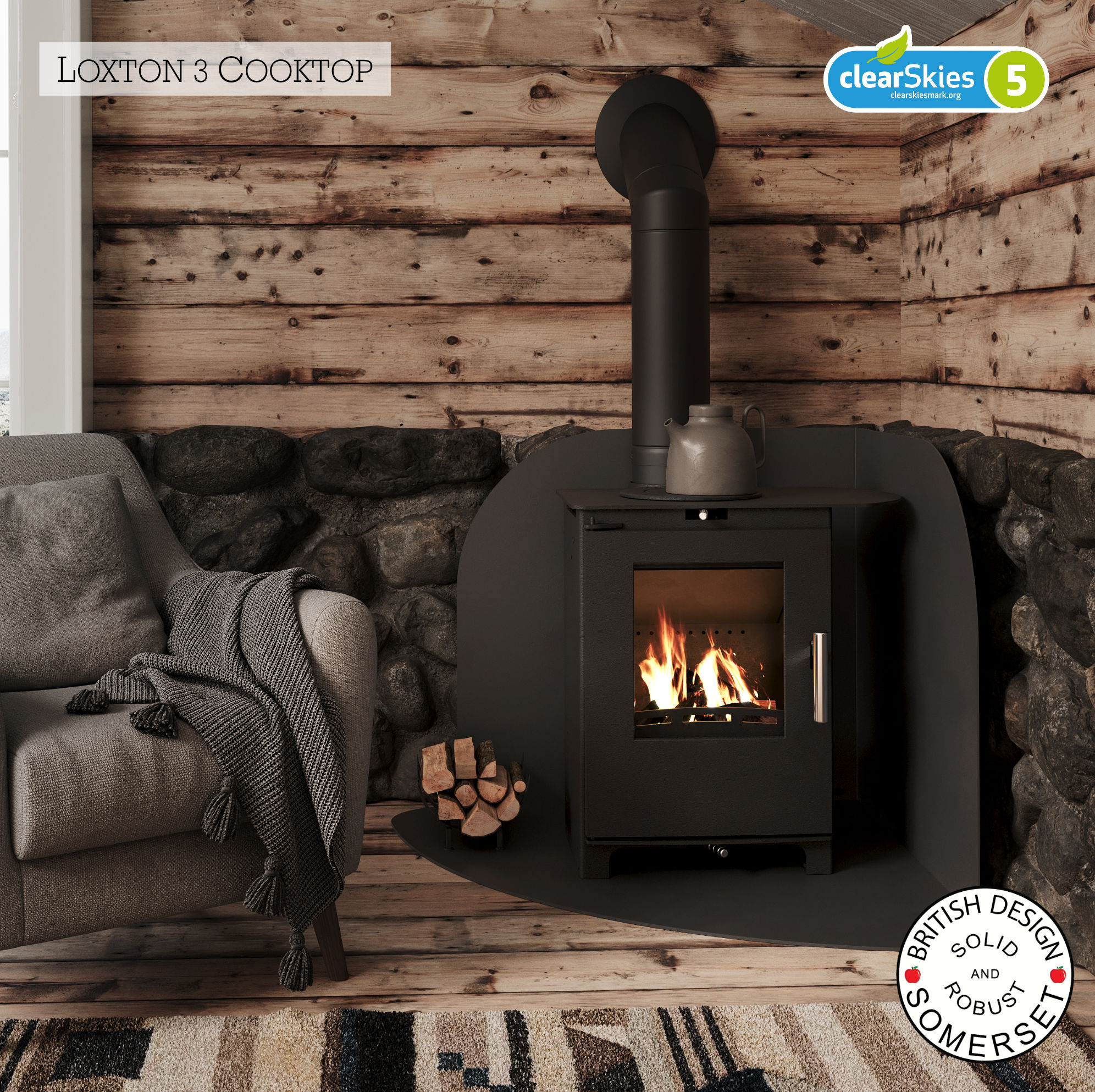 Mendip Loxton 3 Cooktop Multi Fuel Stove, living room setting