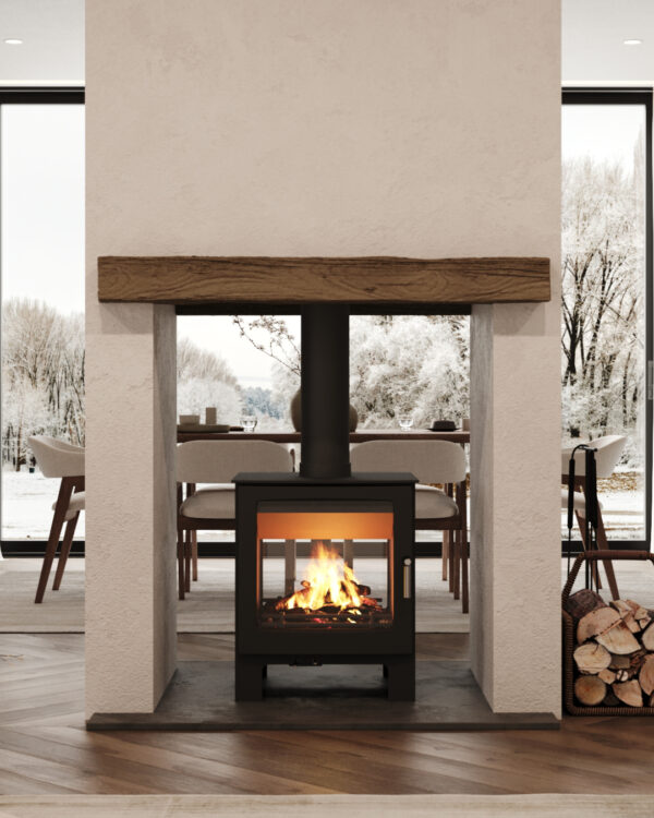 Mendip Woodland Double Sided DC Wood Burning Stove, living room setting