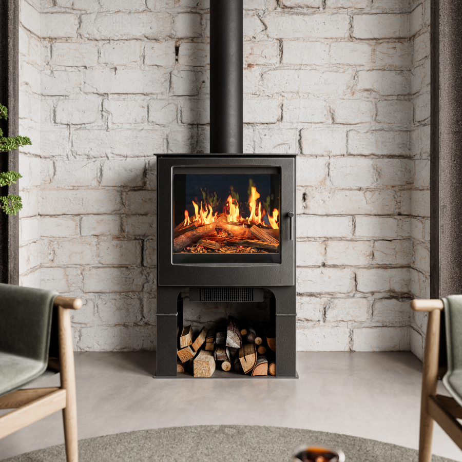 Mendip Woodland Ilektro LCD Logstore Electric Fire, living room setting