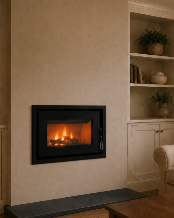 Mendip Dinder 60 Inset Wood Burning Stove, living room setting