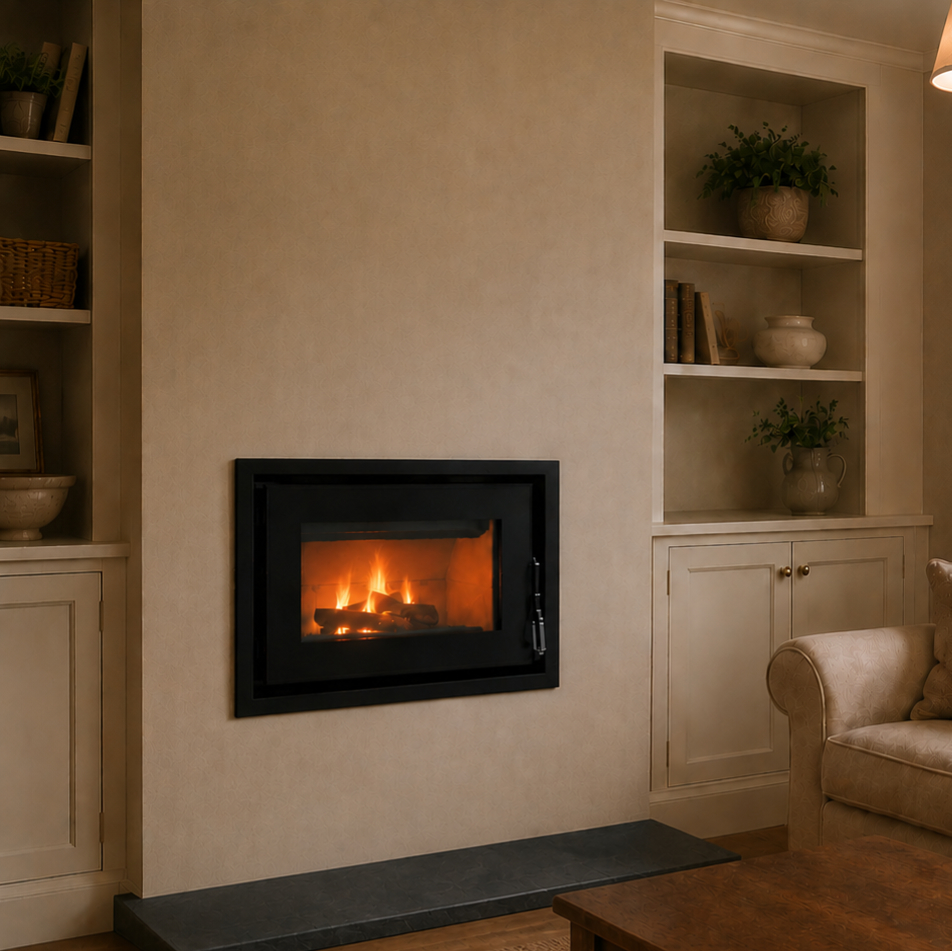 Mendip Dinder 60 Inset Wood Burning Stove, living room setting