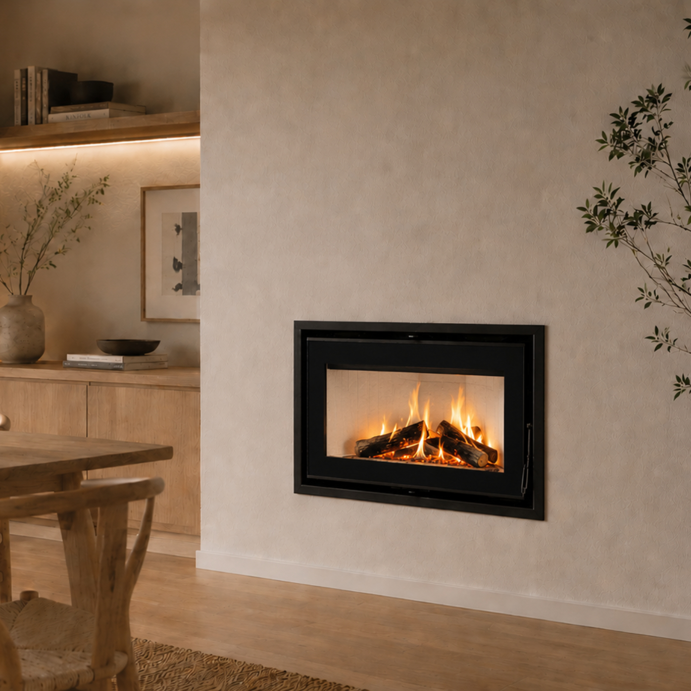Mendip Dinder 70 Inset Wood Burning Stove, living room setting