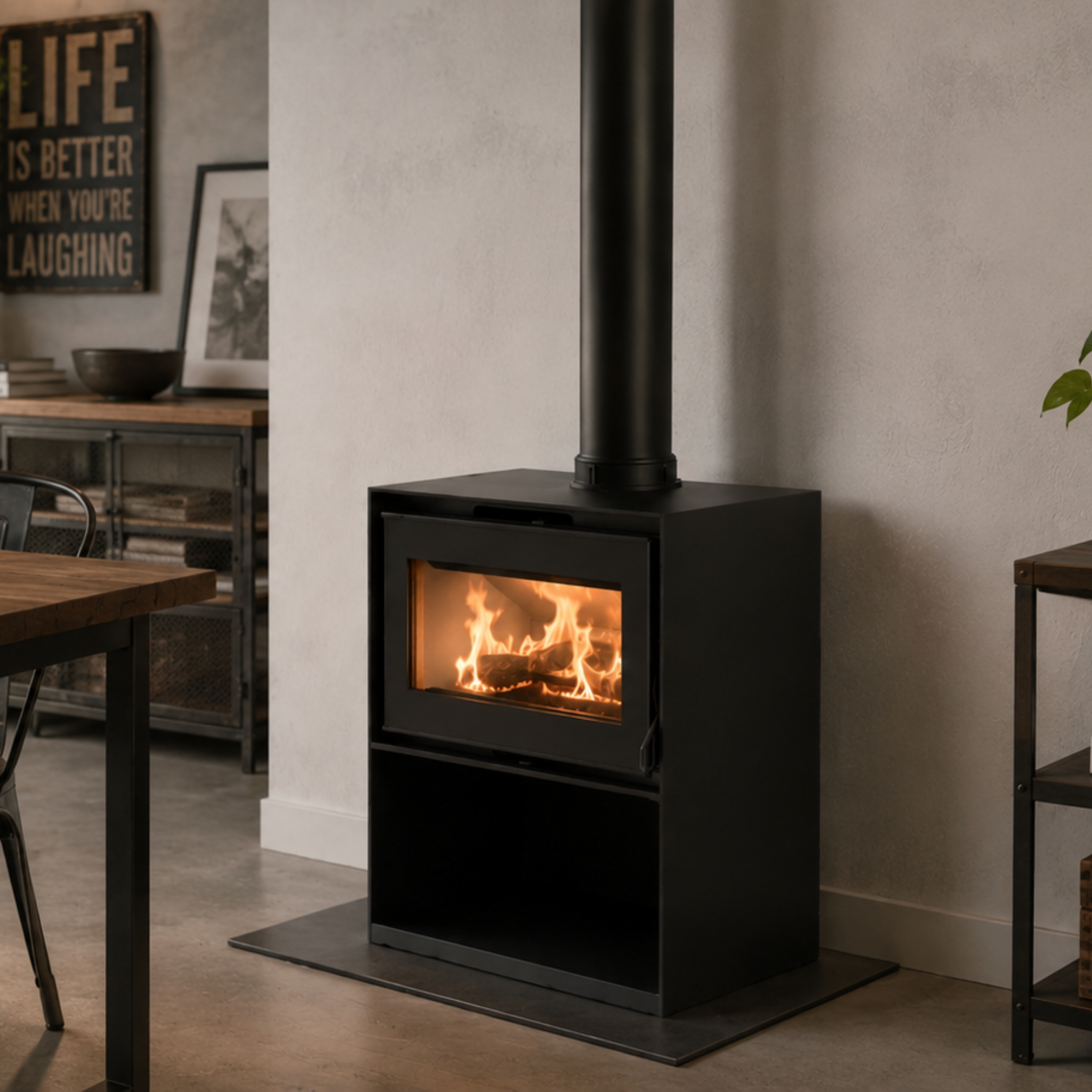 Mendip Dinder 60 Freestanding, Log store & Wall Hung Wood Burning Stove, living room setting