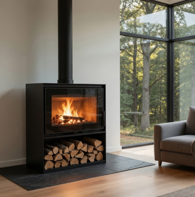 Mendip Dinder 60 Freestanding, Log store & Wall Hung Wood Burning Stove, living room setting