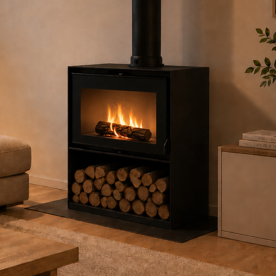 Mendip Dinder 70 Freestanding, Log store & Wall Hung Wood Burning Stove, living room setting